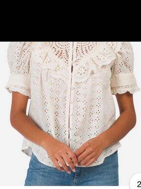 Women's Cream Eyelet Crochet Yoke Button-Up Blouse Anthropologie